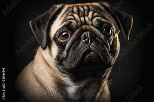 Centered portrait of a pug dog on a black background, generative AI art © AltPix