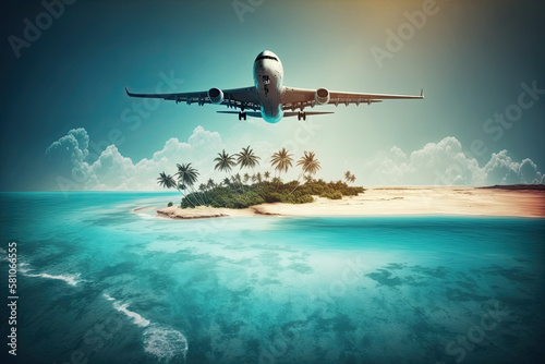 Airplane flying above tropical sea beach , Theme of travel in summer trip , Vacation weekend and tourism, generative AI