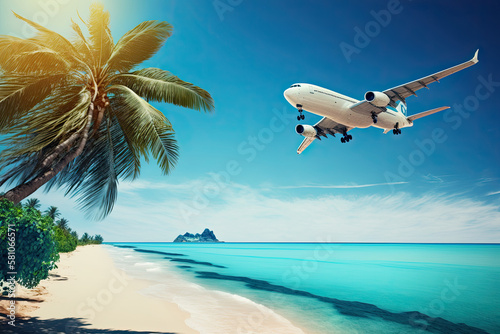 Airplane flying above tropical sea beach   Theme of travel in summer trip   Vacation weekend and tourism  generative AI