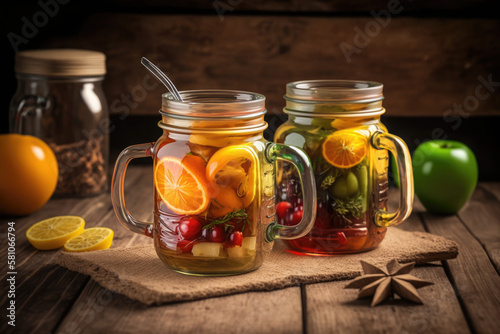 Glass jar mugs with organic food drink for healthy cooking, generative Ai