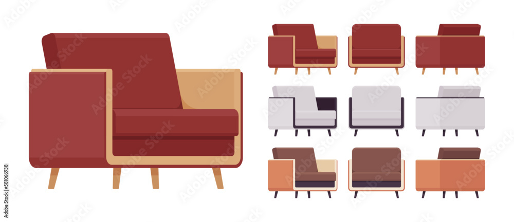 Leisure armchiar, comfy reading chair big set. Soft seat modern fabric sofa for living or conference room, bedroom, studio. Vector flat style cartoon home, business articles isolated, white background Leisure armchiar, comfy reading chair big set. Soft seat modern fabric sofa for living or conference room, bedroom, studio. Vector flat style cartoon home, business articles isolated, white background