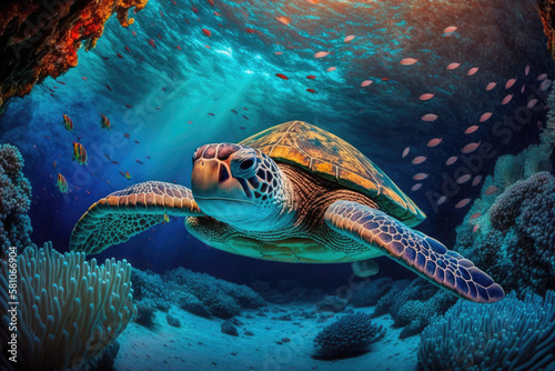 Sea turtle swimming in the under sea , Beautiful Underwater and colorful coral in wild nature of the Pacific Ocean, generative AI