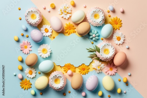 Easter background. Eggs flowers in pastel colors as digital illustration (Generative AI)