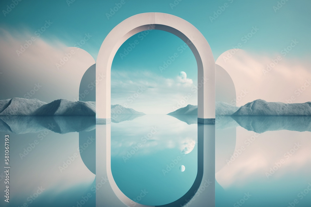Fototapeta premium Surreal scenery with mirror arch, calm water and pastel gradient sky. Futuristic minimalist wallpaper. Generative ai.