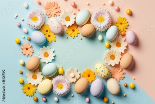 Easter background. Eggs flowers in pastel colors as digital illustration (Generative AI) © senadesign