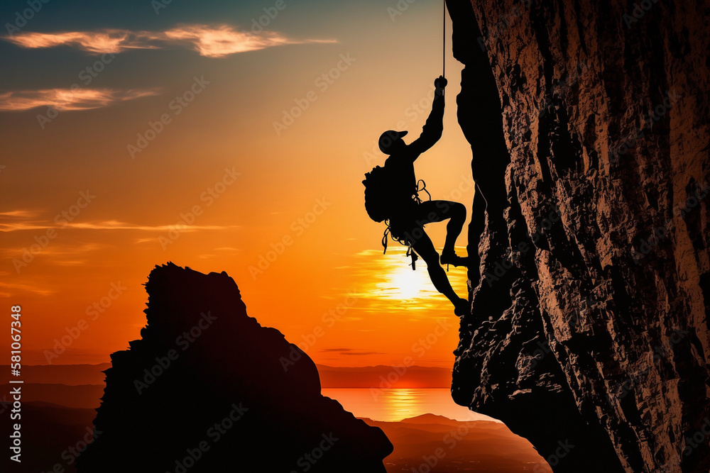 Silhouette of rock climber at sunset. Generative ai.