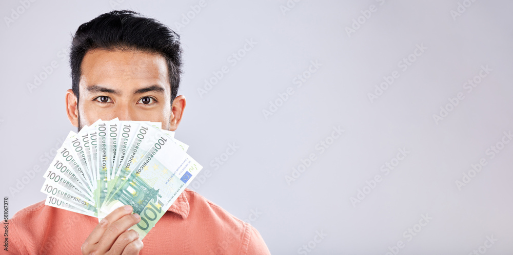 Man, portrait or money fan on isolated studio background in financial freedom, stock market profit or investment. Winner, cash or euro for asian person for finance success, savings or growth mockup Man, portrait or money fan on isolated studio background in financial freedom, stock market profit or investment. Winner, cash or euro for asian person for finance success, savings or growth mockup