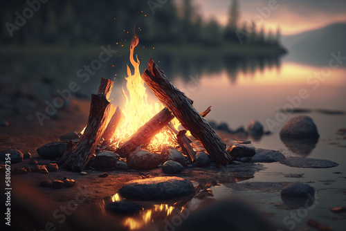 Campfire at the lake. Generative ai.