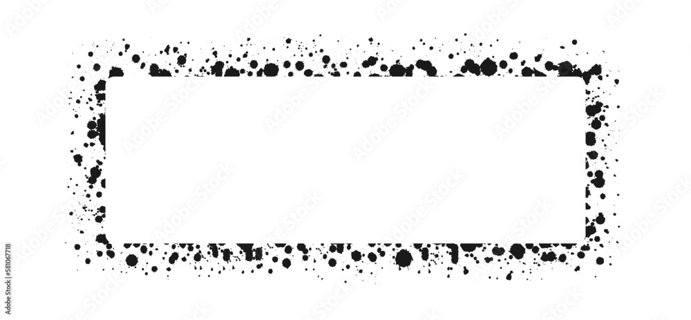 Naklejka premium Rectangle grunge ink splatter frame. Spray graffiti stencil border template.