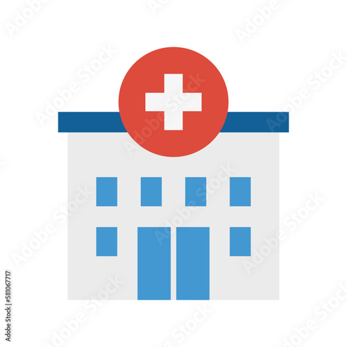 Hospital building, medical icon.