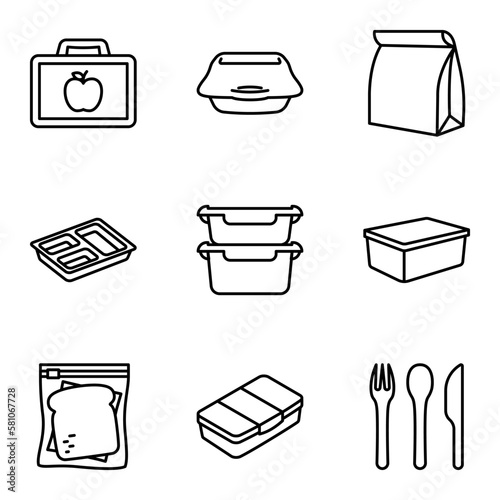 Lunchbox icon set. Fast food. Take away. Plastic box for school or work.