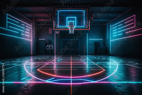 Futuristic basketball court made of neon lights. Generative ai.