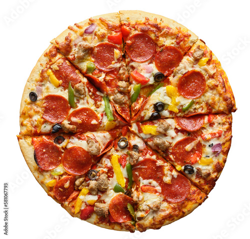 supreme pizza sliced and isolated shot from top view