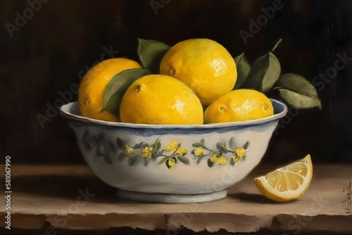 AI Generative, Lemon Fruits in a Bowl traditional still life oil painting style, illustration with dark background