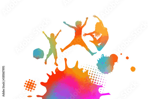 Happy Holi card with kid and blots. Spotted silhouette in iridescent tones on white background. Vector illustration