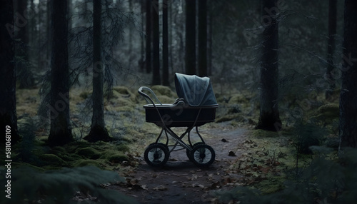 Minimalist horror, empty pram in a forest, found footage photography, carriage in the park, Generative AI