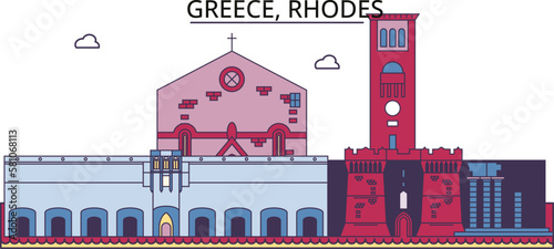 Greece, Rhodes tourism landmarks, vector city travel illustration