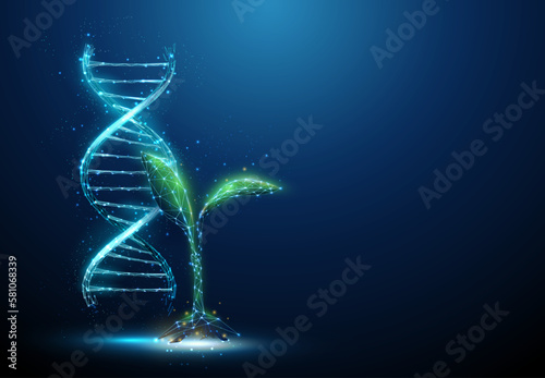 Green plant sprout with blue3d DNA molecule helix