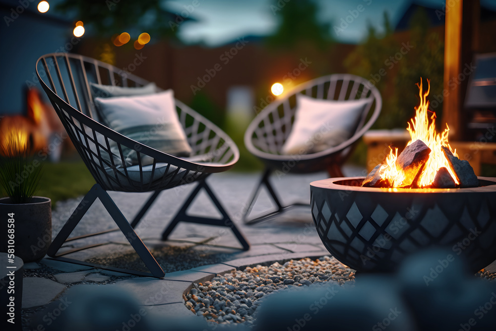 AI Generative, Outdoor backyard fire pit with grey modern outdoor