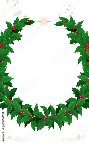 クリスマス☆縦型イラスト素材 柊のリース大とキラキラ星 白背景 色違い・差分有