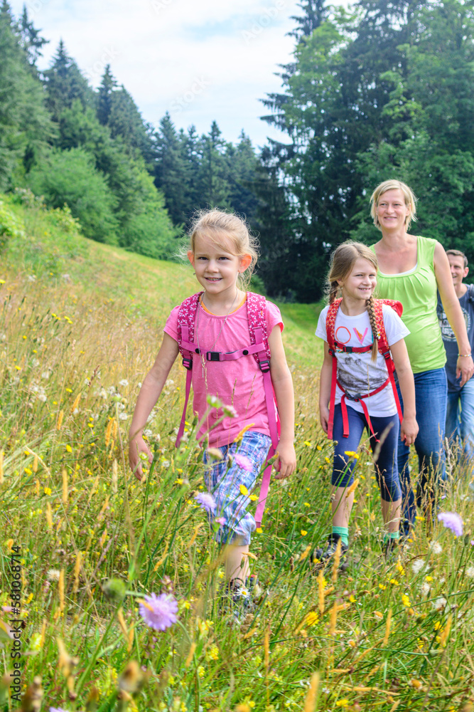 Fototapeta premium Ausflug ins Grüne mit der Familie, gemeinsame Wanderung auf einem Pfad inmitten einer blühenden Bergwiese