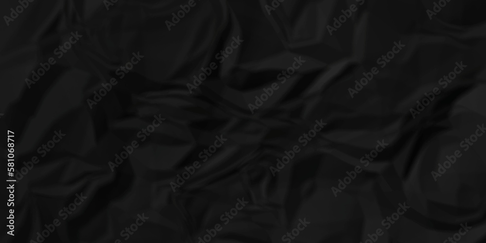 Dark Black facbric paper backdrop crumpled texture. dark black textured crumpled black paper background. panorama black paper texture background, crumpled pattern.
