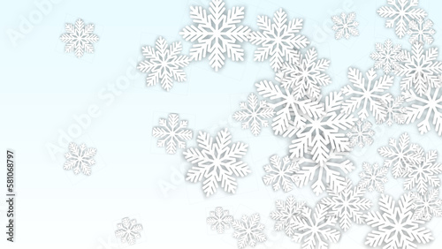 Christmas Vector Background with Falling Snowflakes. Isolated on Red Background. Realistic Snow Sparkle Pattern. Snowfall Overlay Print. Winter Sky. Papercut Snowflakes.
