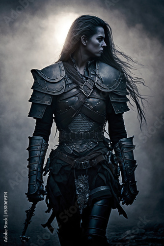 Portrait of a female knight in heavy metal armor. Isolated on smoky background. Generative AI