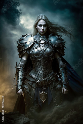 Portrait of a female knight in heavy metal armor. Isolated on smoky background. Generative AI