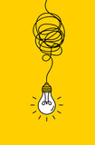 Hanging light bulbs glowing on yellow background. Concept of idea