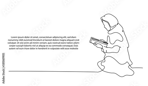 Continuous line design People praying. A muslim praying and reading Al Quran. Decorative elements drawn on a white background.