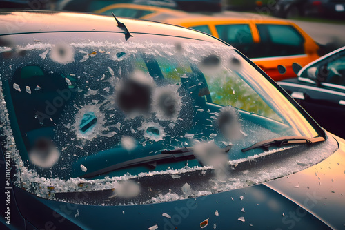 Broken windshield with hail holes, stormy weather. Car insurance. Generative AI