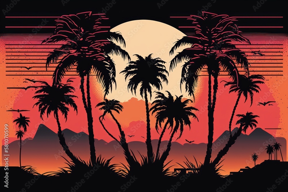 Palm trees in front of a retro sunset as a digital illustration (Generative AI)