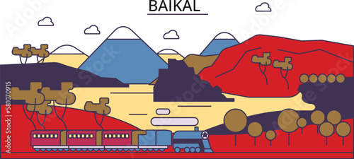 Russia, Baikal tourism landmarks, vector city travel illustration