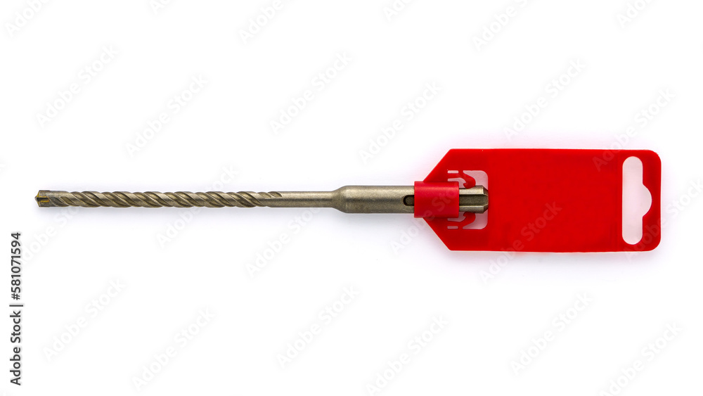 Fototapeta premium Masonry drill bit, unopened, blank label red package isolated on white