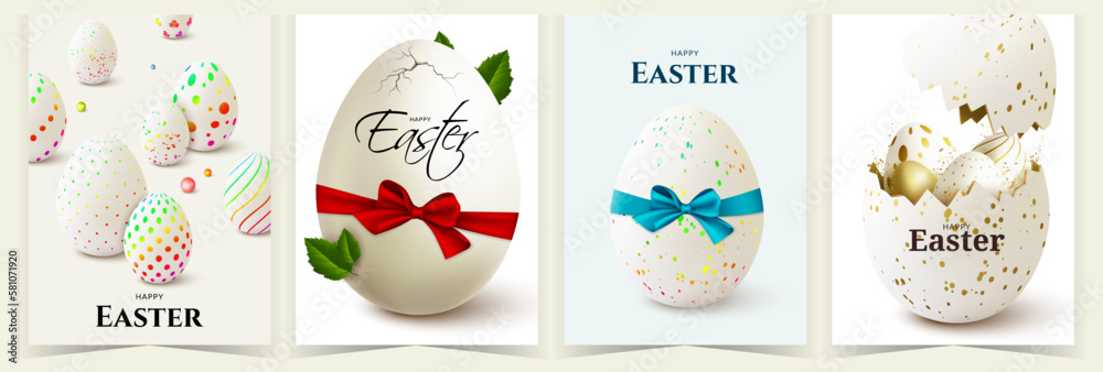 Set of Happy Easter Greeting cards with easter eggs and bunny.