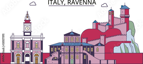 Italy, Ravenna tourism landmarks, vector city travel illustration