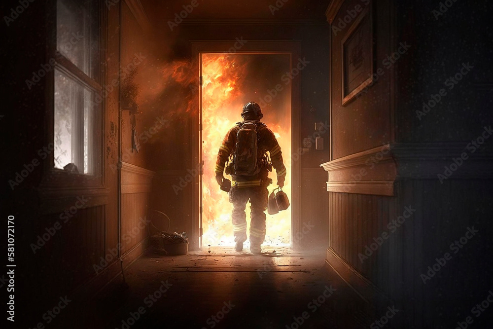 firefighter enters burning house, generated ai	
