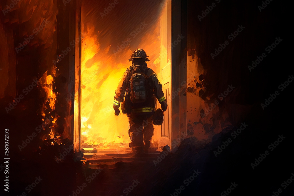 firefighter enters burning house, generated ai firefighter enters burning house, generated ai