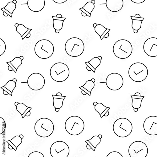 Seamless vector repeating pattern of bell, magnifying glass, checkmark, made of line icons for polygraphy and websites