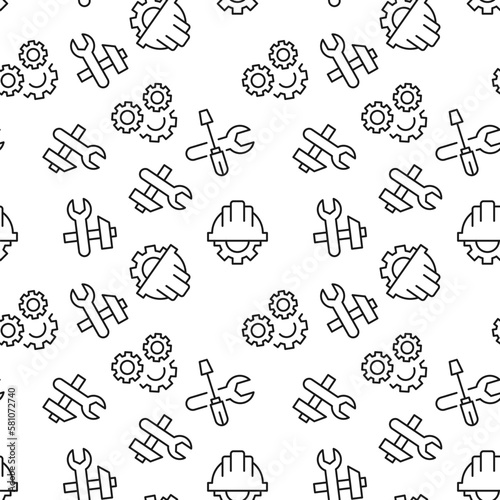 Monochrome vector seamless pattern of wrench, spanner, hammer, gear, helmet for web sites and polygraphy