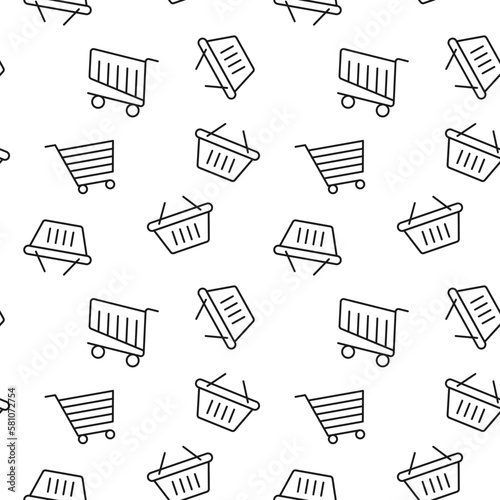 Monochrome vector seamless pattern of basket and trolley for shopping for web sites and polygraphy