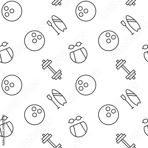 Monochrome vector seamless pattern of bowling, dumbbell, kayak for web sites and polygraphy