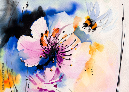 Save bees concept. Honeybee on pink flowers. Earth day illustration.