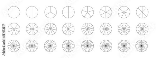 Donut or pie chart templates. Circle divides on equal parts from 2 to 24. Set of graphic wheel diagrams with sectors isolated on white background. Vector outline illustration