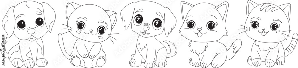 kittens and puppies set coloring book , sketch isolated vector kittens and puppies set coloring book , sketch isolated vector