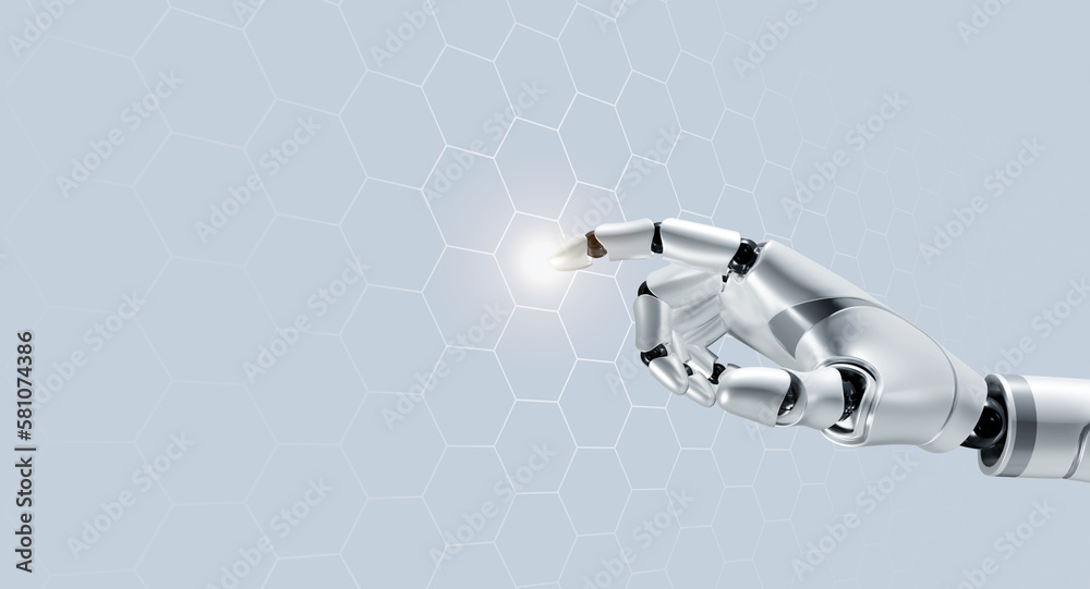 © tete_escape - 3d rendering humanoid robot's hand touch on digital world, hexagon network, big data background with copy space. Futuristic AI for data service, artificial intelligence automated technology concept. © tete_escape - 3d rendering humanoid robot's hand touch on digital world, hexagon network, big data background with copy space. Futuristic AI for data service, artificial intelligence automated technology concept.