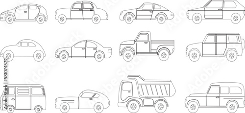 cars set coloring book for boys, sketch isolated vector