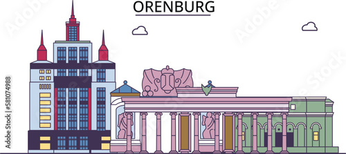 Russia, Orenburg tourism landmarks, vector city travel illustration