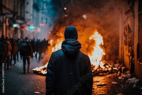 Demonstrators with burning streets and barricades. A man sees the burning street burning (Generative AI)